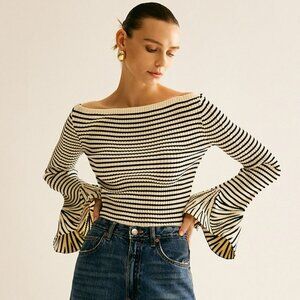 Commense Striped Ruffle-Sleeve Knit Top XS
